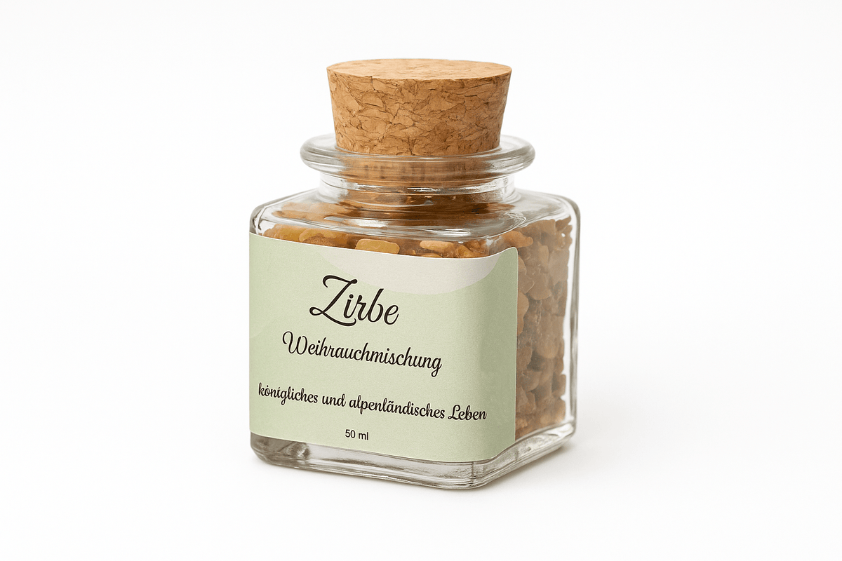 Zirben-Weihrauchmischung im edlen Glas mit Korkverschluss – 50 ml Weihrauch mit alpinem Zirbenduft für natürliche Räuchermomente