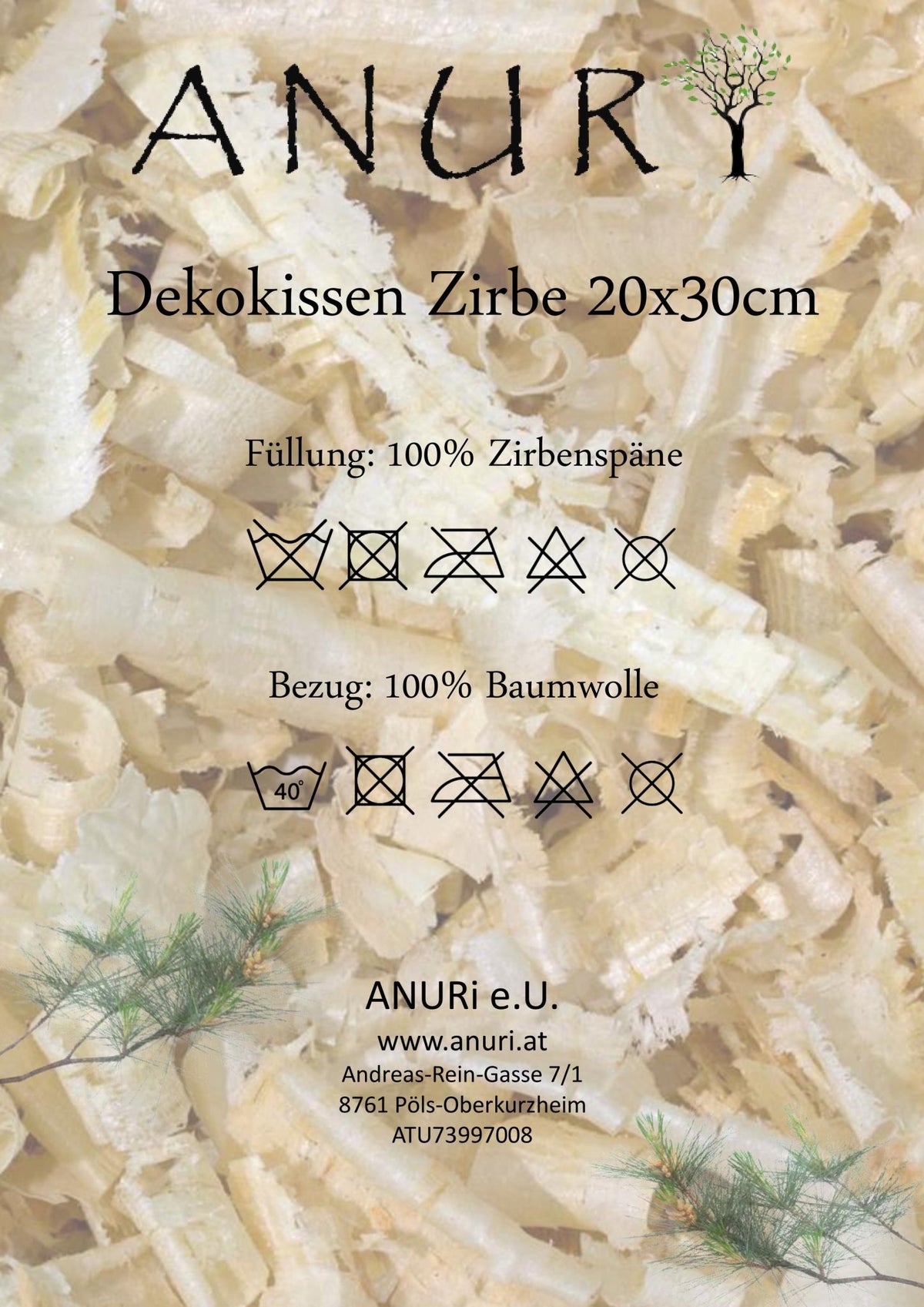 Beschreibung Dekokissen Zirbe 20×30 cm mit Pflegehinweisen