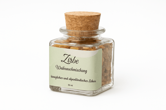 Zirben-Weihrauchmischung im edlen Glas mit Korkverschluss – 50 ml Weihrauch mit alpinem Zirbenduft für natürliche Räuchermomente